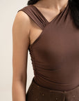 One Shoulder Pleated Bodysuit-Cocoa